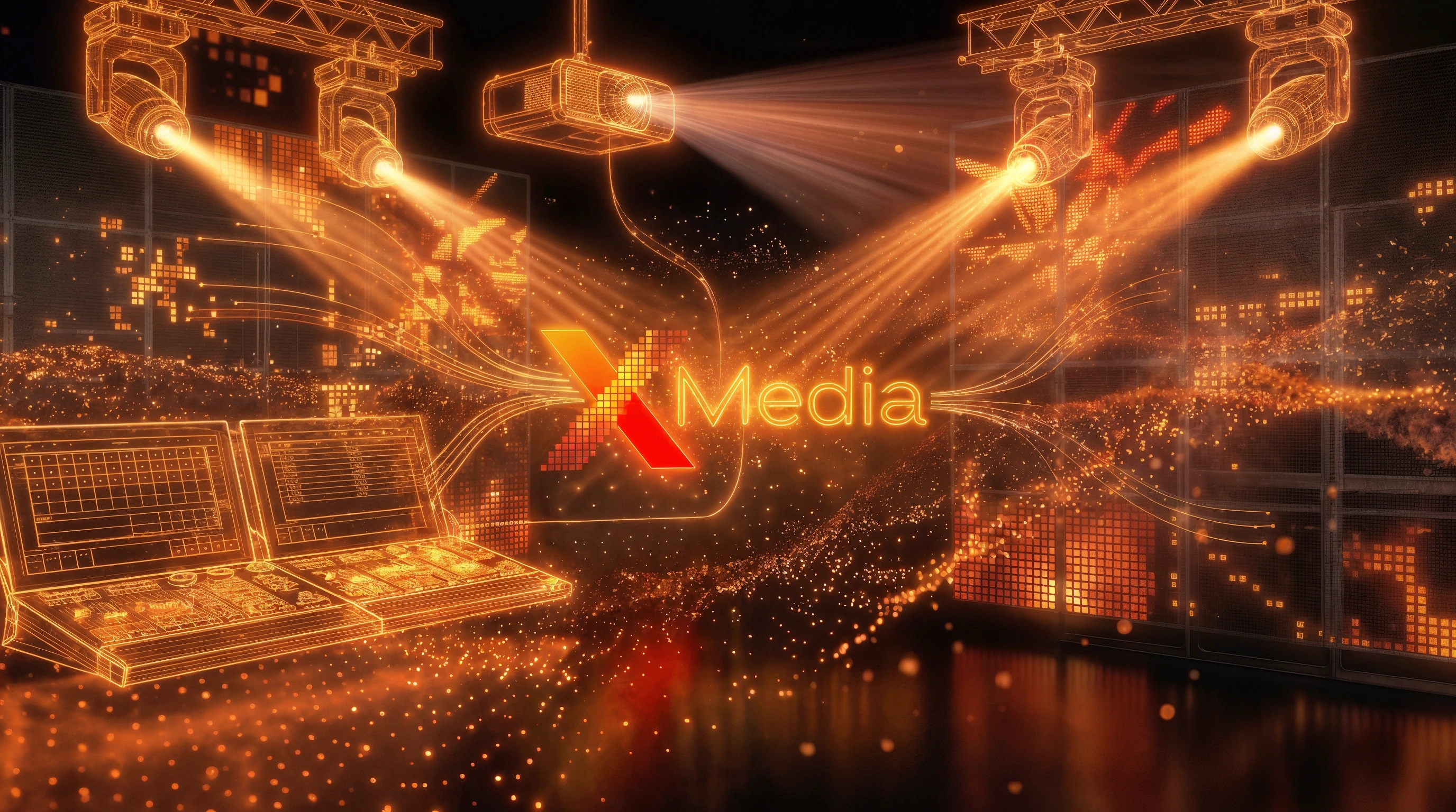 X-Media : scène en fil de fer, projecteurs, murs LED et consoles reliés au logo au centre