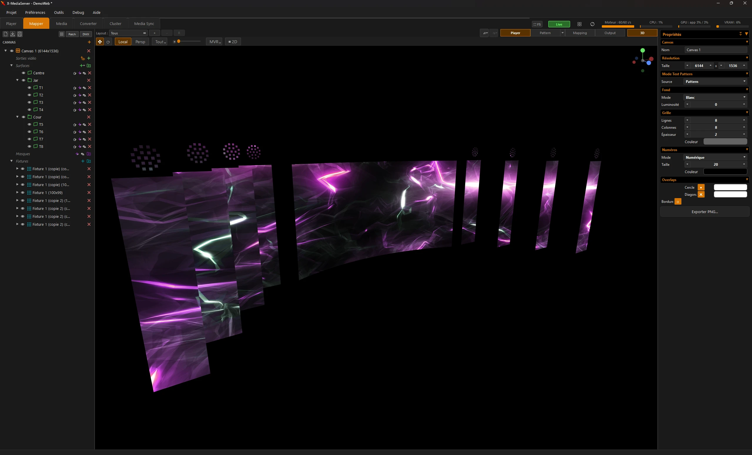 Onglet Mapper, vue 3D : murs LED Centre, Jar et Cour et fixtures du pixel mapper, alimentés par le même canvas