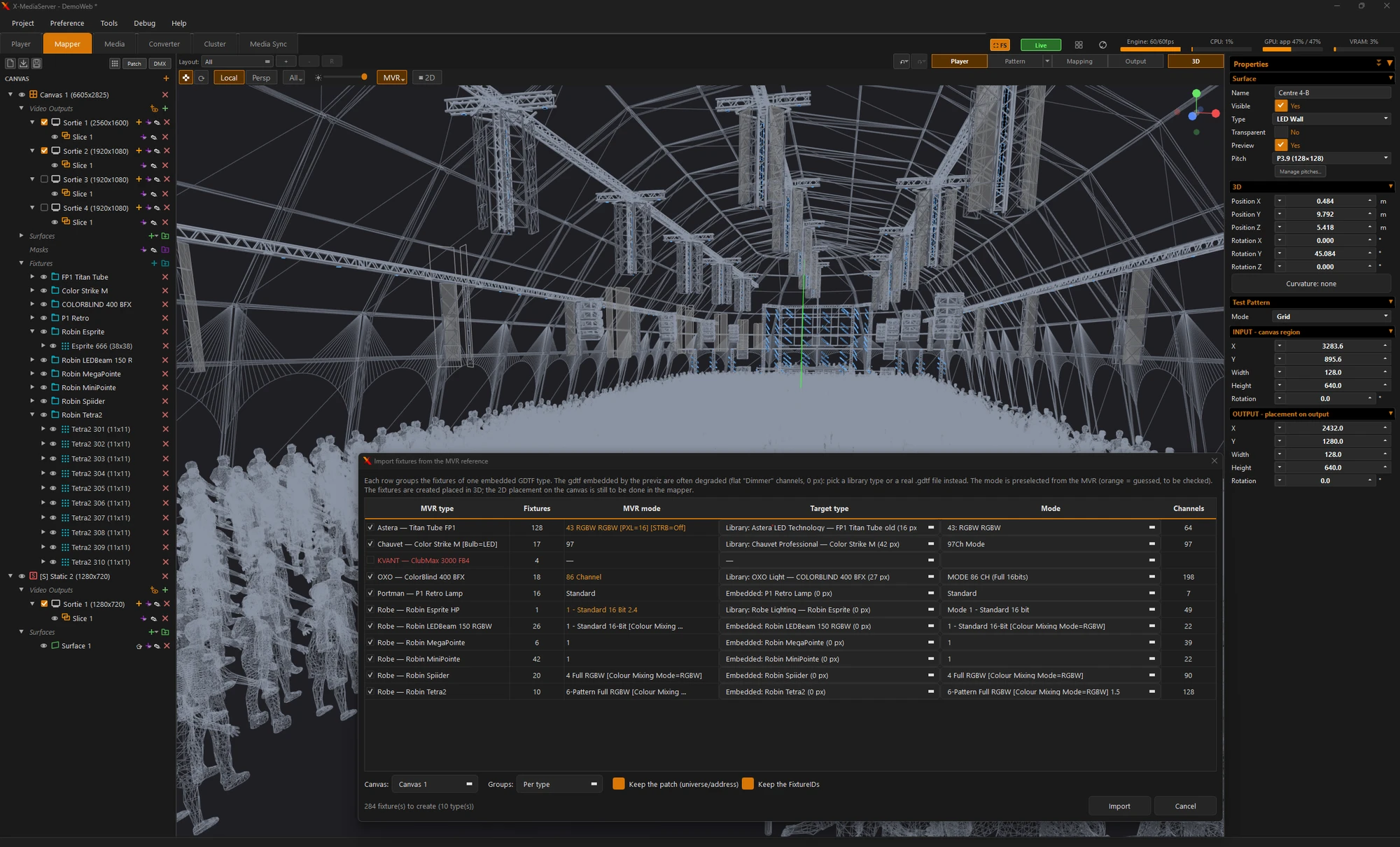 Scène MVR en 3D (structure, ponts, public) et import des fixtures du MVR de référence : 284 fixtures de 10 types, patch et FixtureID conservés