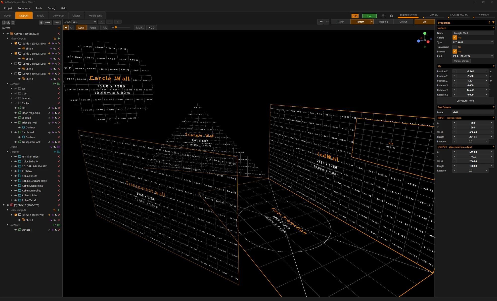 Vue 3D du Mapper : murs LED droit, triangulaire, circulaire et transparent, projection au sol, PIP posé sur le mur LED, test patterns numérotés dalle par dalle