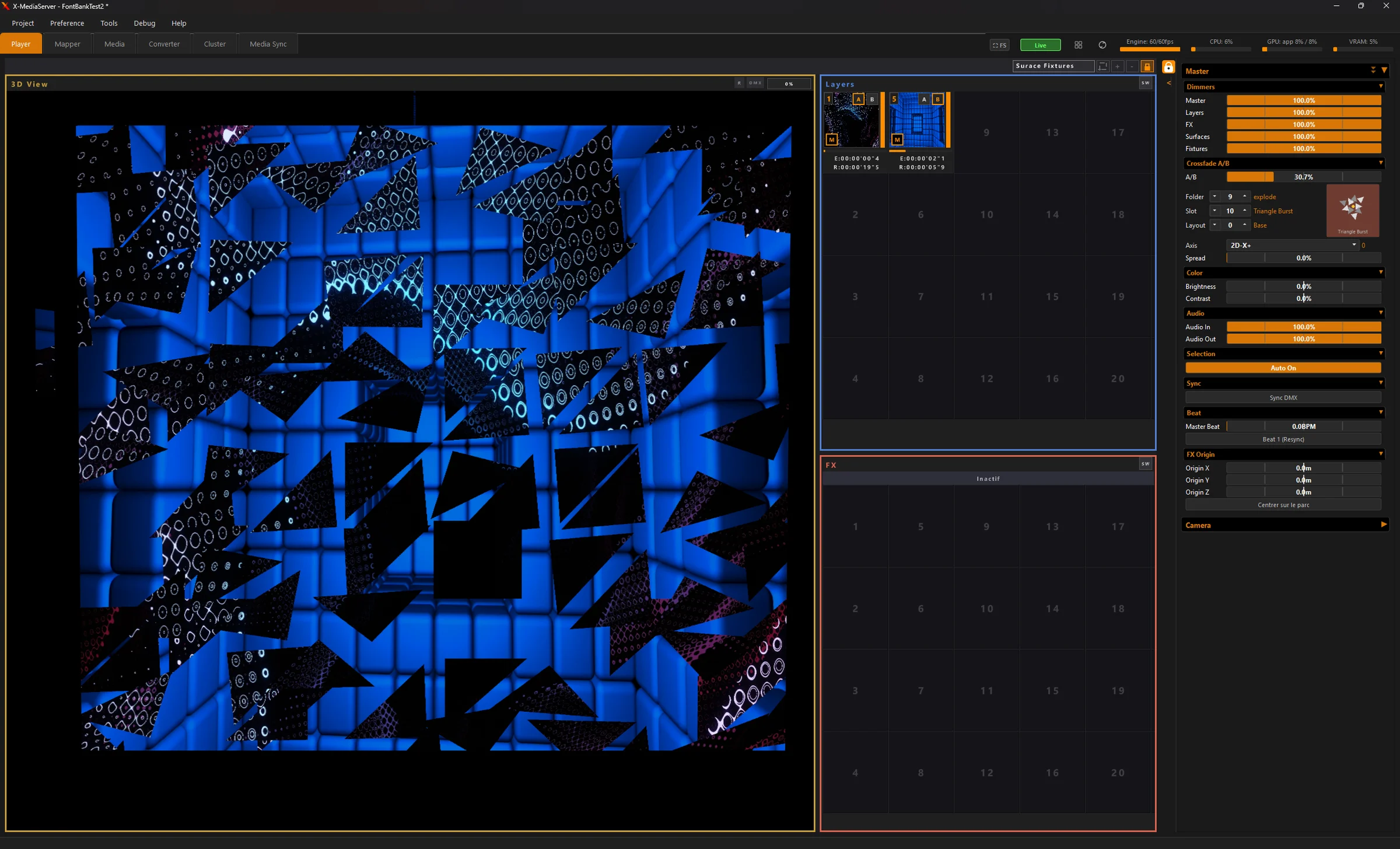 Crossfade A/B en cours : layers marqués A et B, transition Triangle Burst en 2D dans la vue 3D