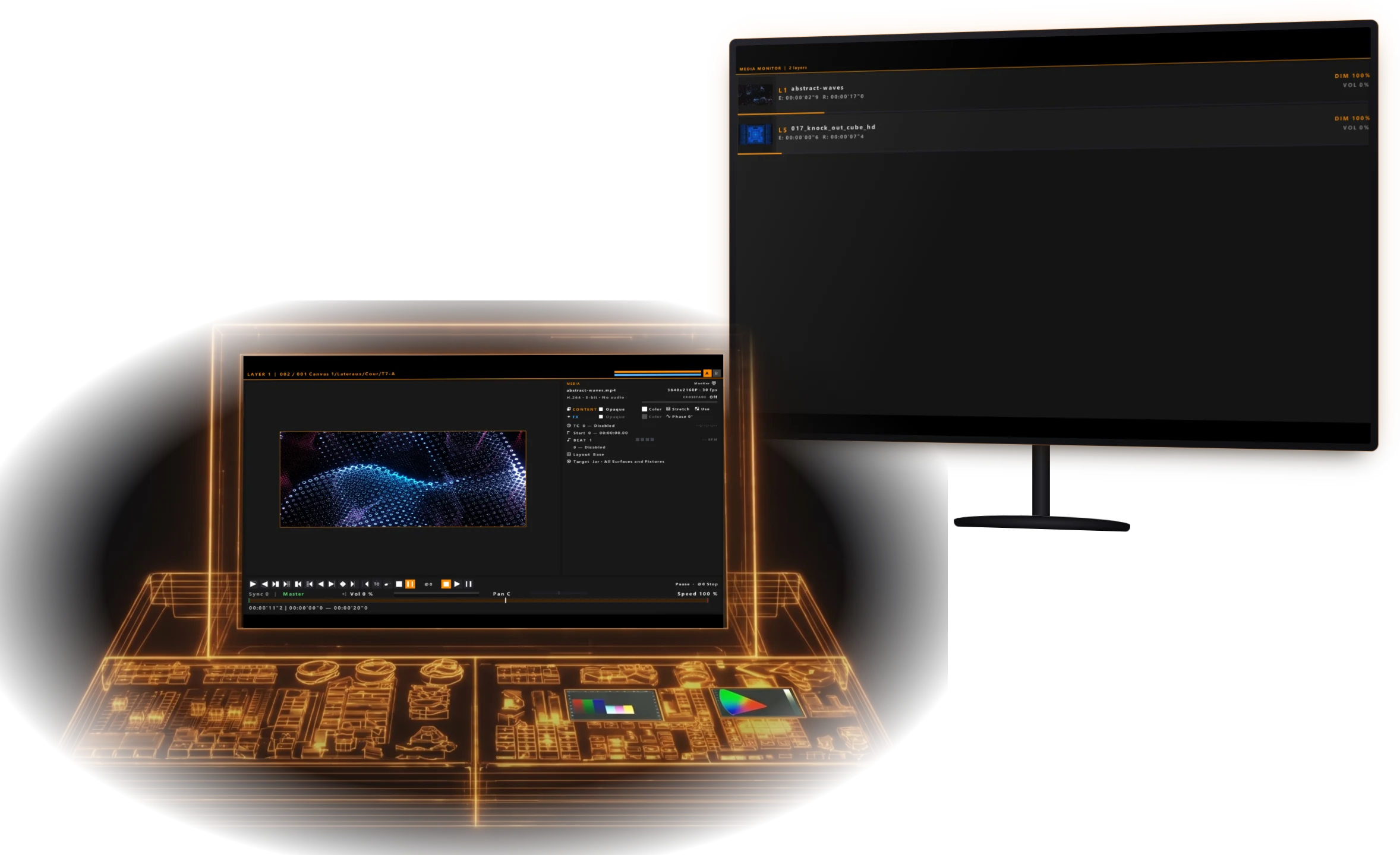 Console lumière affichant le retour NDI d’un layer, à côté d’un moniteur Media Monitor