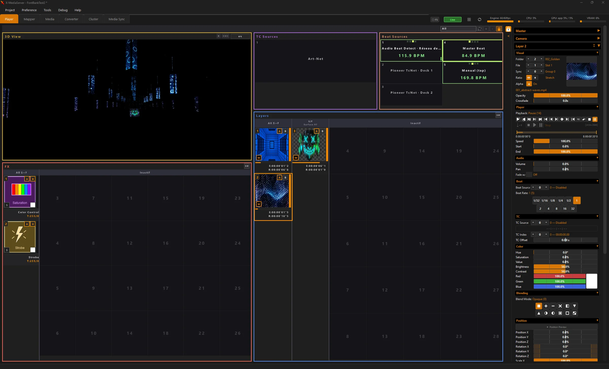 Onglet Player : vue 3D, sources timecode et tempo, layers et FX disposés dans un layout