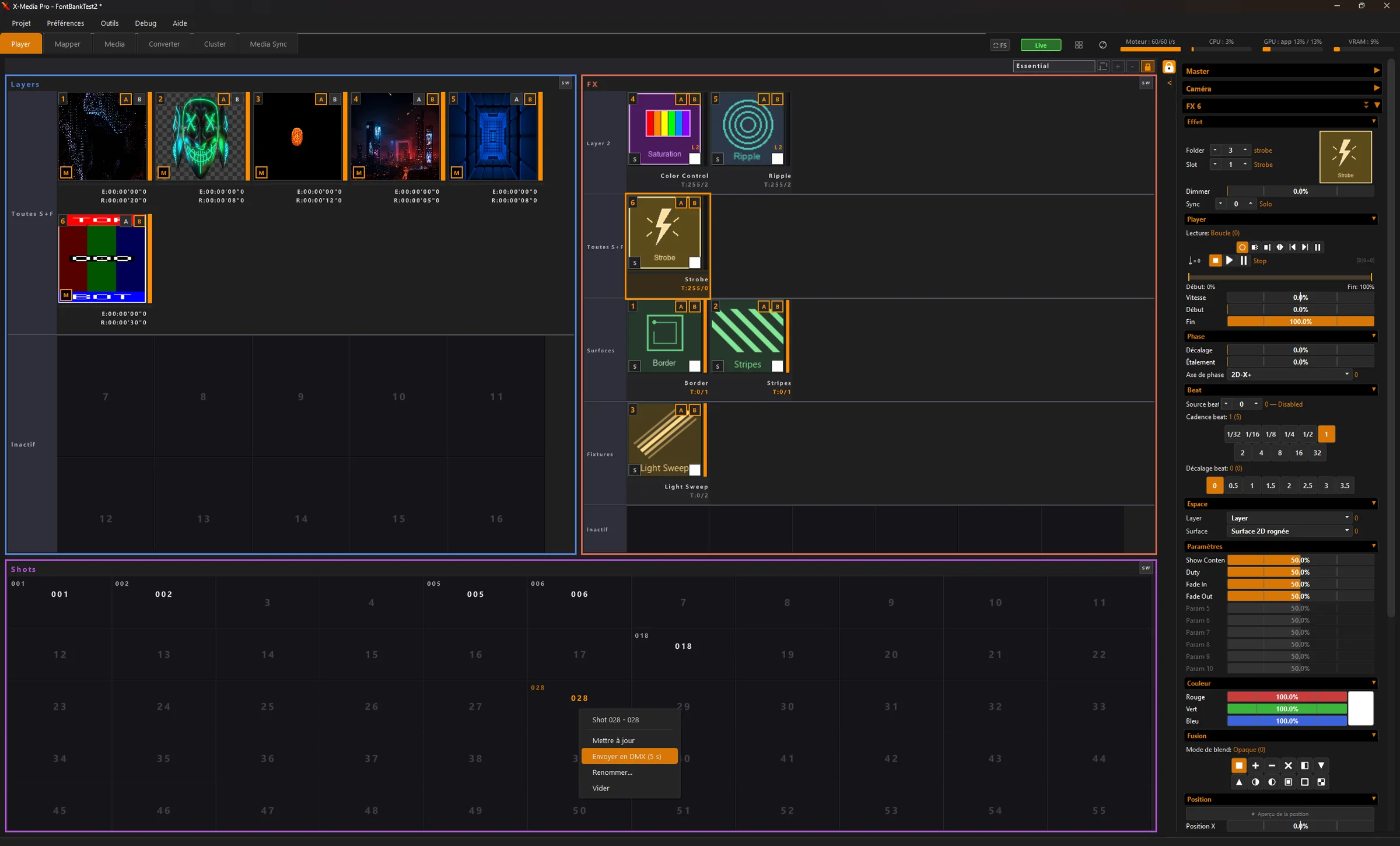 Grille des scene shots sous les layers et les FX, menu « Envoyer en DMX »