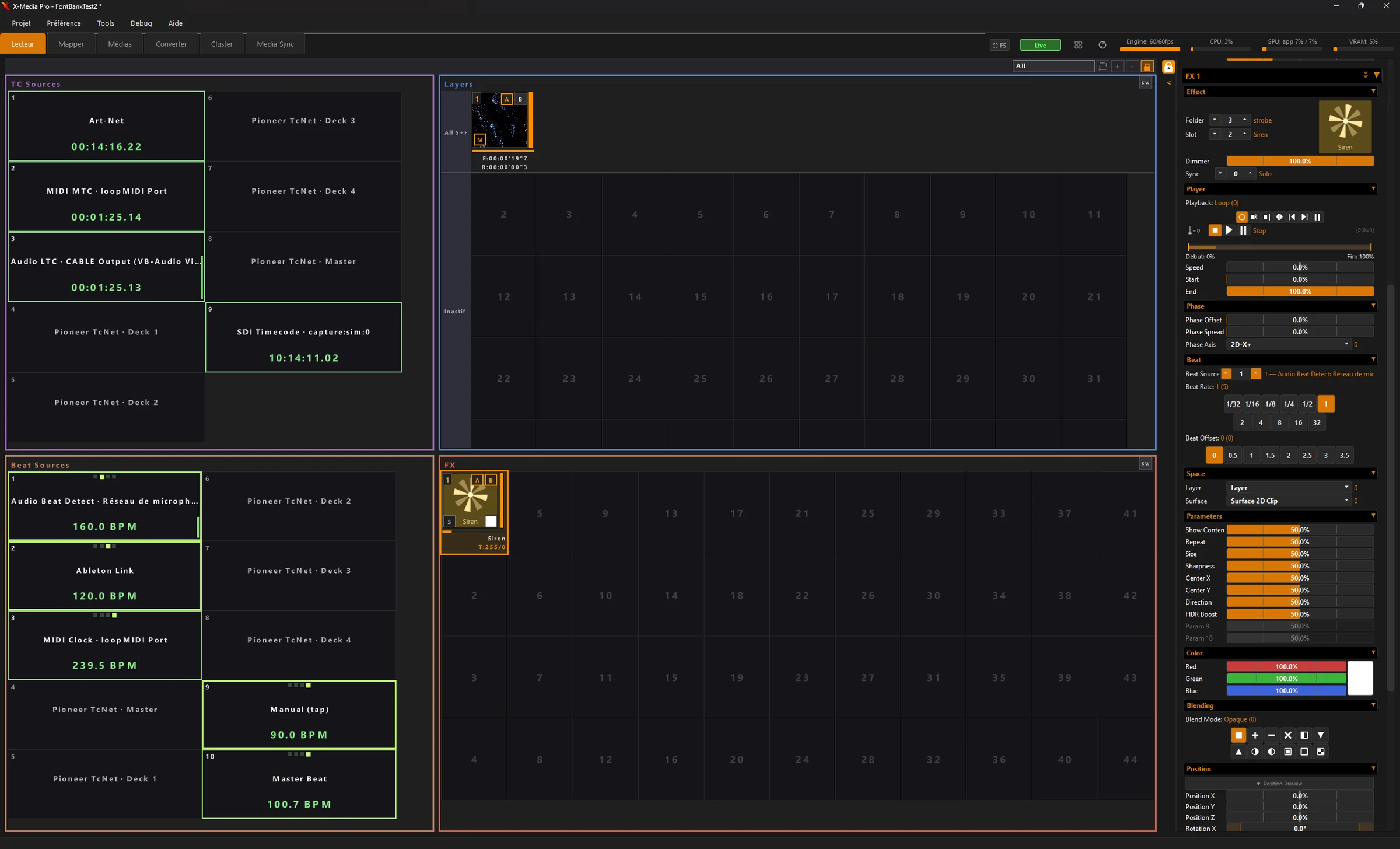 Layout du Player : sources timecode et tempo avec leur état, BPM et TC en direct